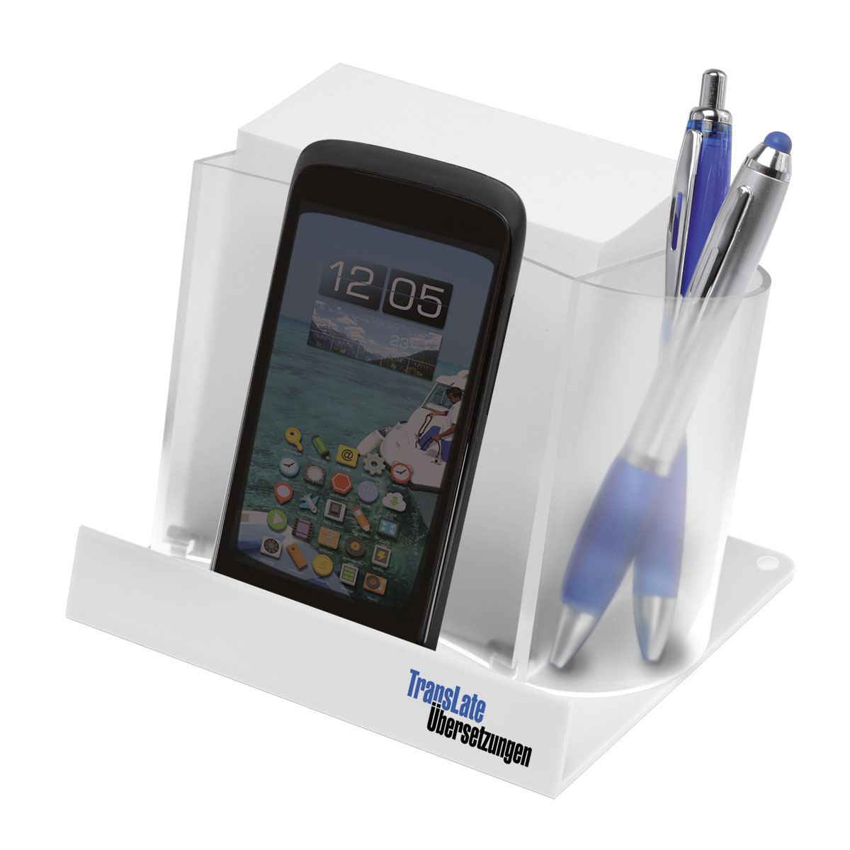 Smartphone-/Tabletständer mit Zettelbox und Köcher